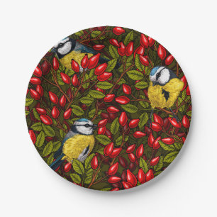 Birds and dog rose hips, green and red paper plates