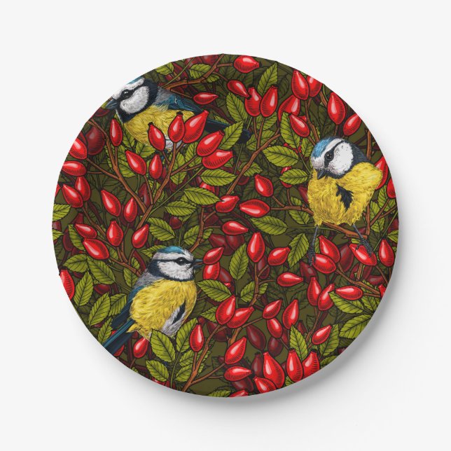 Birds and dog rose hips, green and red paper plates (Front)