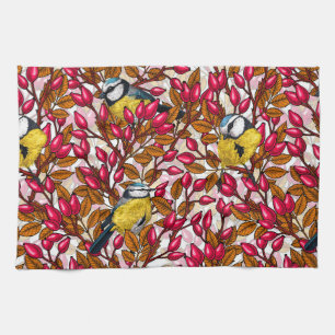 Birds and dog rose hips kitchen towel