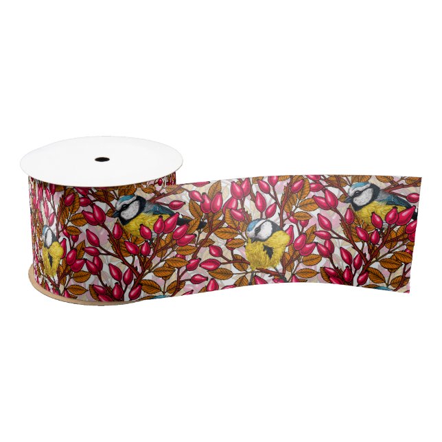 Birds and dog rose hips satin ribbon (Spool)