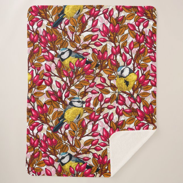 Birds and dog rose hips sherpa blanket (Front)