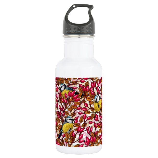 Birds and dog rose hips stainless steel water bottle (Front)