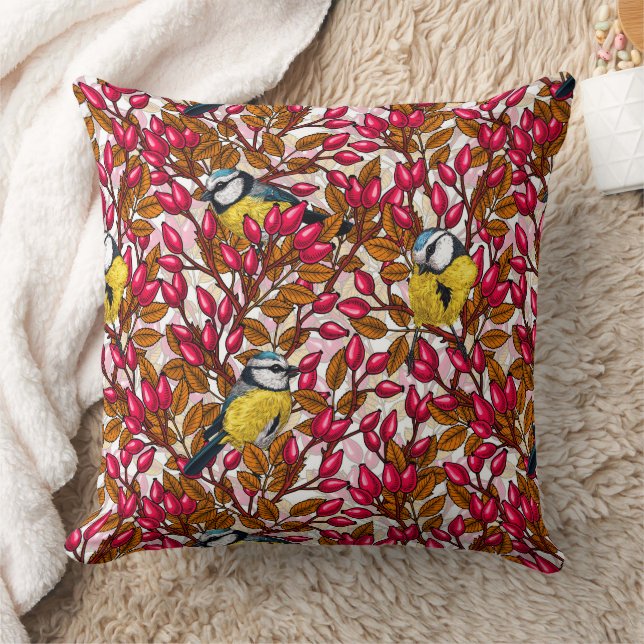 Birds and dog rose hips throw pillow (Blanket)