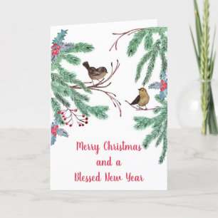 Birds and Evergreen Leaves Berries Christmas Holiday Card