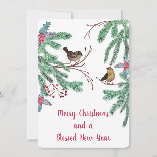 Birds and Evergreen Leaves Berries Christmas Holiday Card (Front)