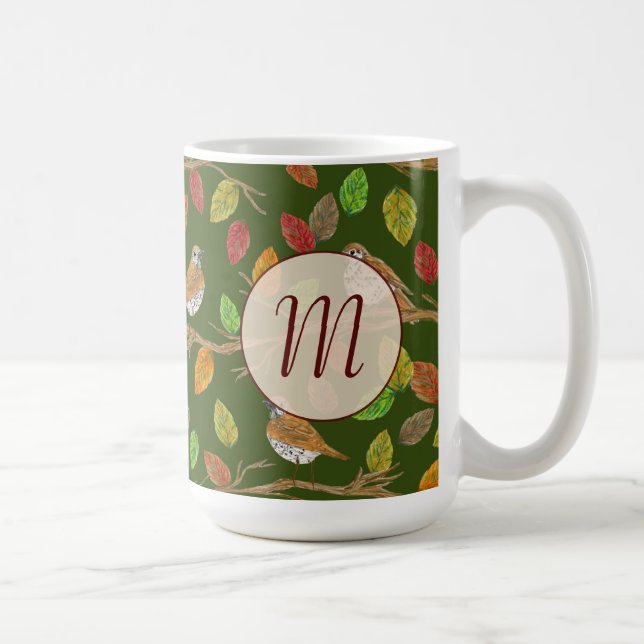 Birds and fall leaves custom initial monogram coffee mug (Right)