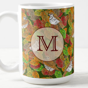 Birds and fall leaves custom initial monogram coffee mug