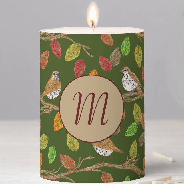 Birds and fall leaves custom initial monogram pillar candle (Creator Uploaded)