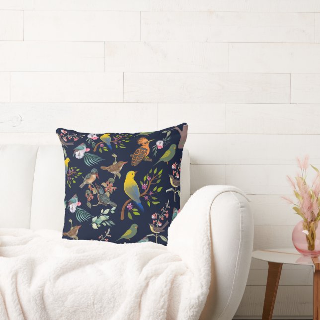 Birds and floral l Elegant navy blue background Throw Pillow (Couch)