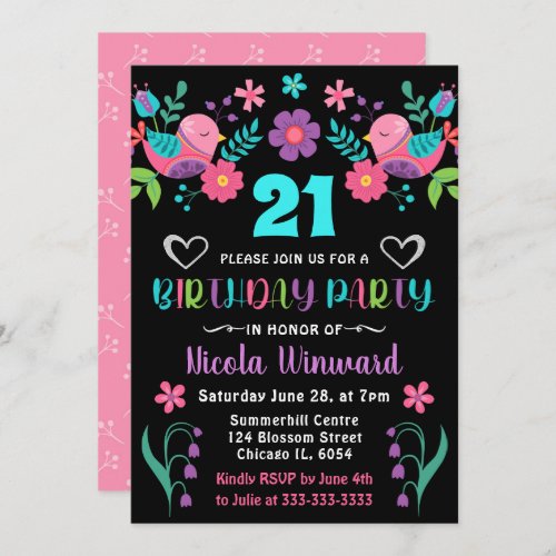 Birds and Floral Mexican Fiesta Birthday Party Invitation