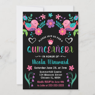 Birds and Floral Mexican Fiesta Quinceañera Invitation