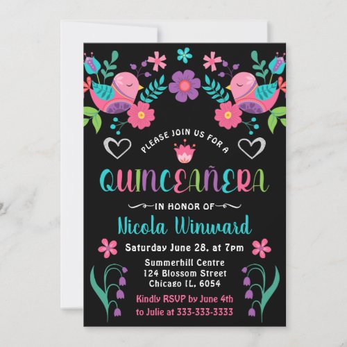 Birds and Floral Mexican Fiesta Quinceaera Invitation