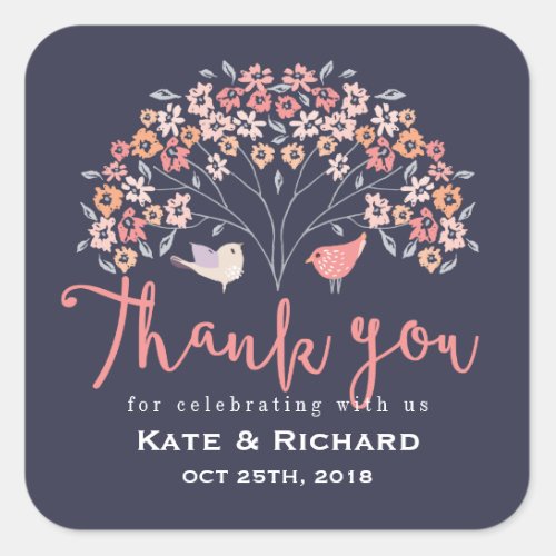 Birds and Flower Script Thank You Wedding Sticker