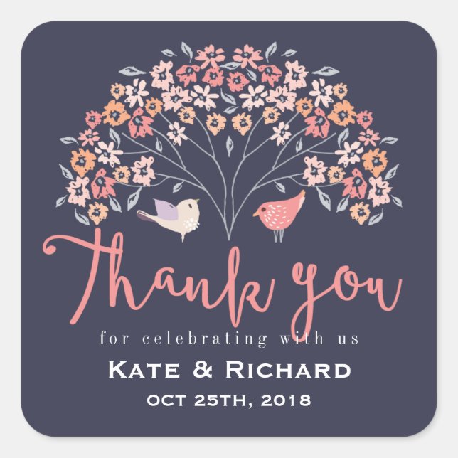 Birds and Flower Script Thank You Wedding Sticker (Front)