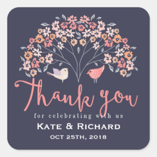 Birds and Flower Script Thank You Wedding Sticker