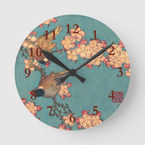 Birds and Flowers Japanese Art Pink Floral Round Clock