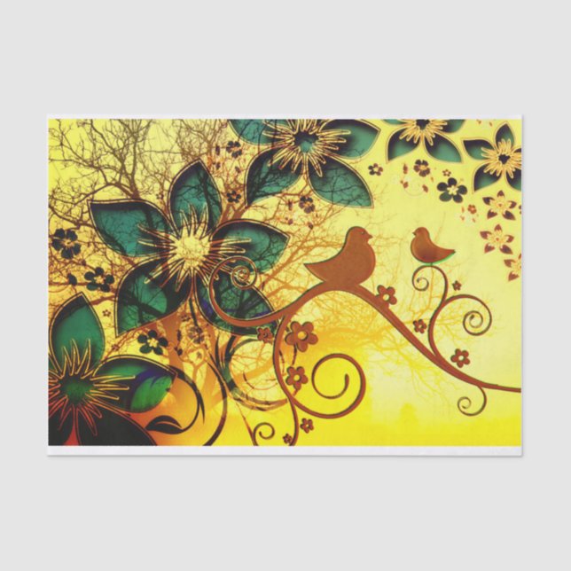 Birds and Flowers on a Yellow Background Tissue Paper (Front)