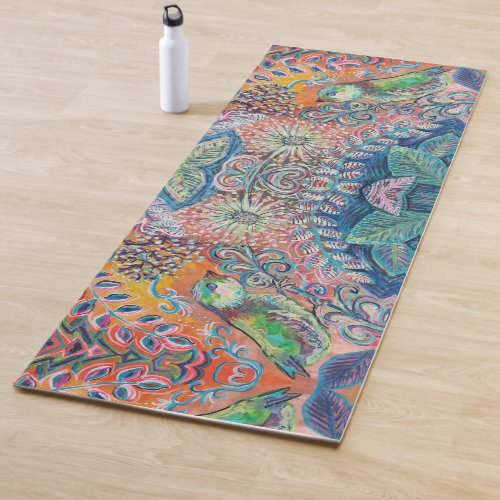 birds and flowers painting yoga mat