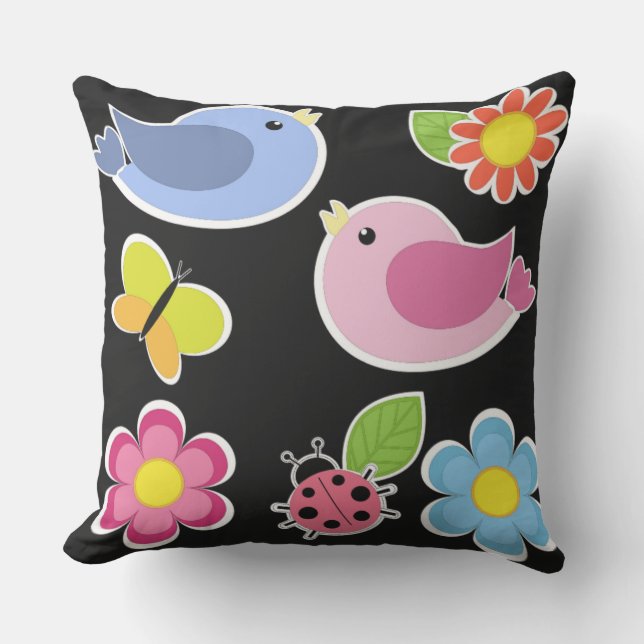 BIRDS AND FLOWERS PATTERN THROW PILLOW (Front)