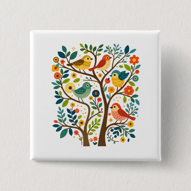 Birds and Flowers Scandinavian Folk Art Button (Front)