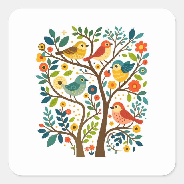 Birds and Flowers Scandinavian Folk Art Square Sticker (Front)