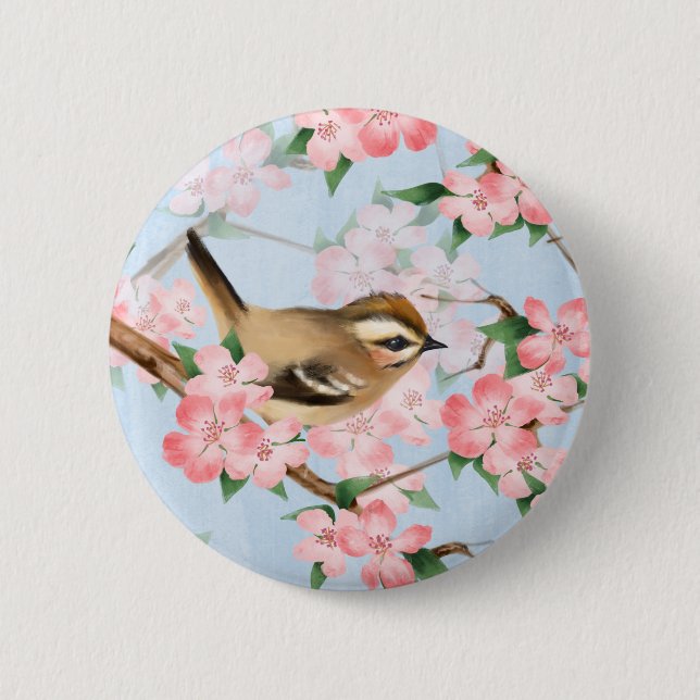 Birds and flowers. Spring garden pattern Button (Front)