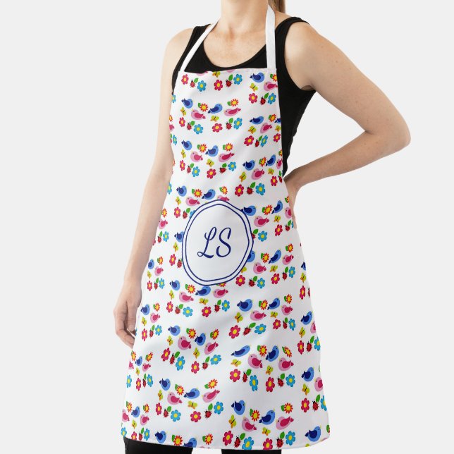 Birds and flowers spring pattern white apron (Insitu)