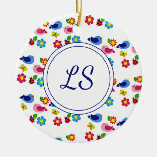 Birds and flowers spring pattern white ceramic ornament