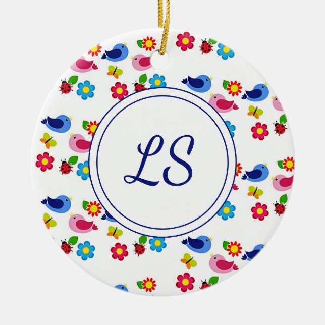 Birds and flowers spring pattern white ceramic ornament (Front)