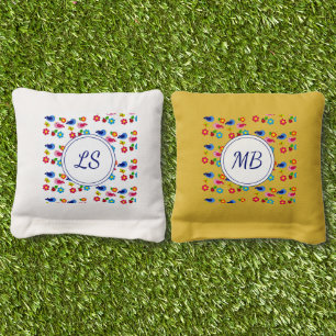 Birds and flowers spring pattern white cornhole bags