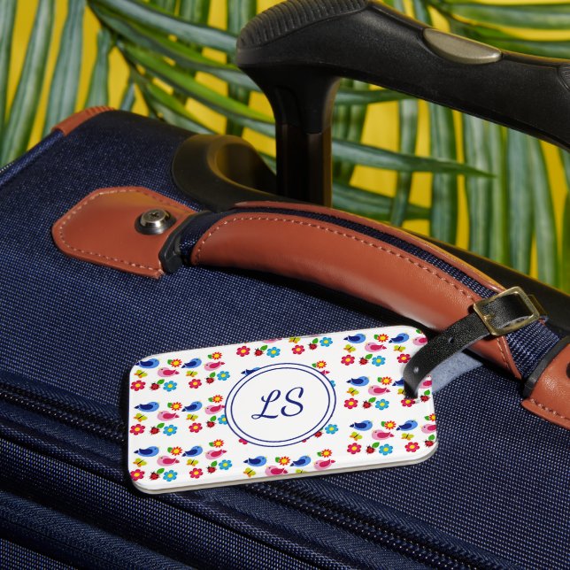Birds and flowers spring pattern white luggage tag (Front Insitu 3)