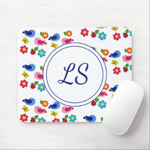 Birds and flowers spring pattern white mouse pad