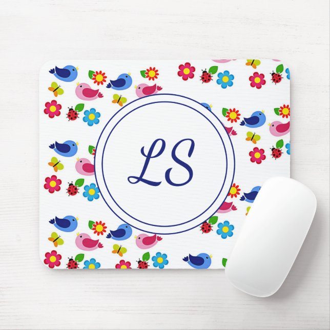 Birds and flowers spring pattern white mouse pad (With Mouse)
