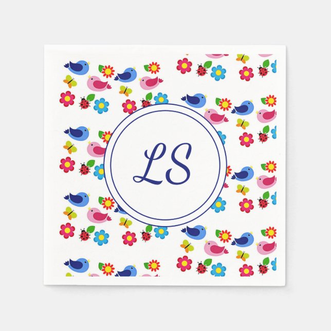 Birds and flowers spring pattern white napkins (Front)
