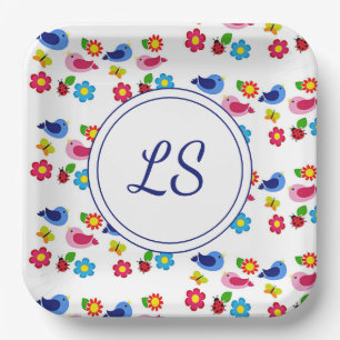 Birds and flowers spring pattern white paper plates