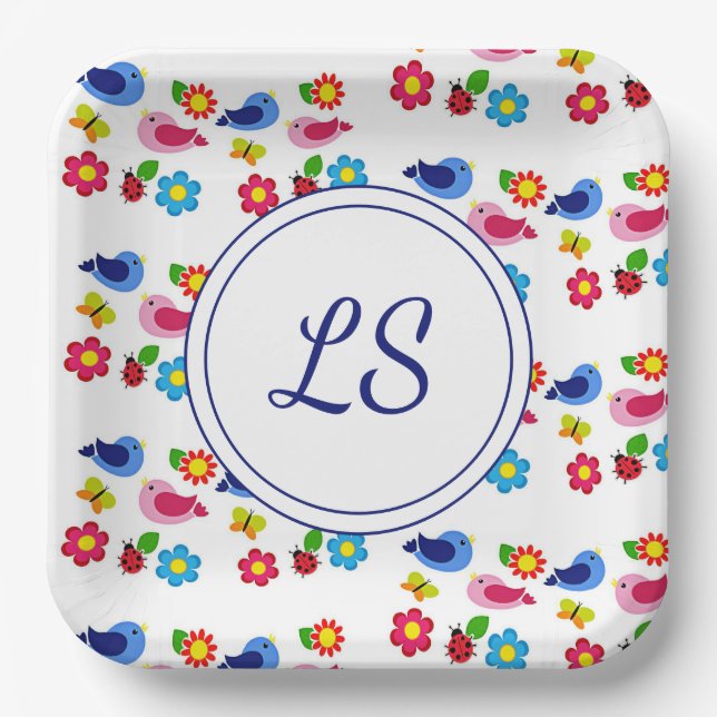 Birds and flowers spring pattern white paper plates (Front)