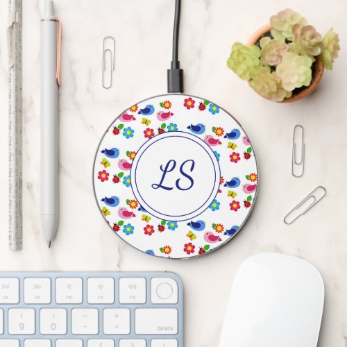 Birds and flowers spring pattern white wireless charger 