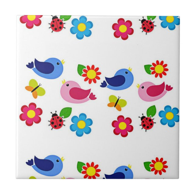 Birds and flowers spring time ceramic tile (Front)