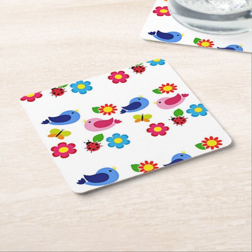 Birds and flowers spring time square paper coaster