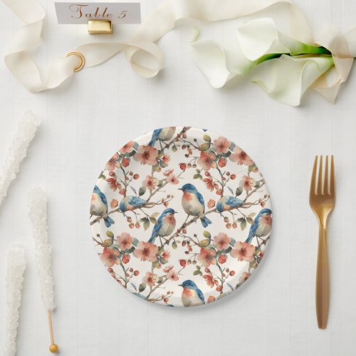 Birds and Flowers Vintage Watercolor Paper Plates