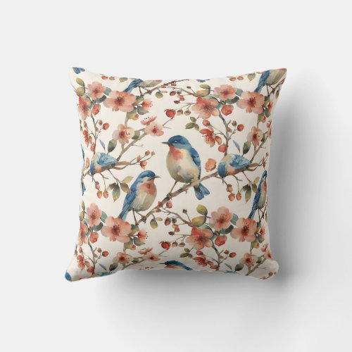 Birds and Flowers Vintage Watercolor Throw Pillow