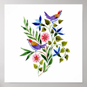 Birds and Flowers Watercolor Art Painting Poster