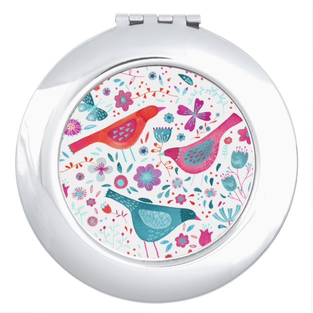 Birds and Flowers Watercolor Compact Mirror (Front)