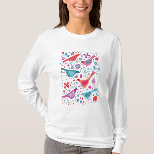 Birds and Flowers Watercolor T-Shirt (Front)