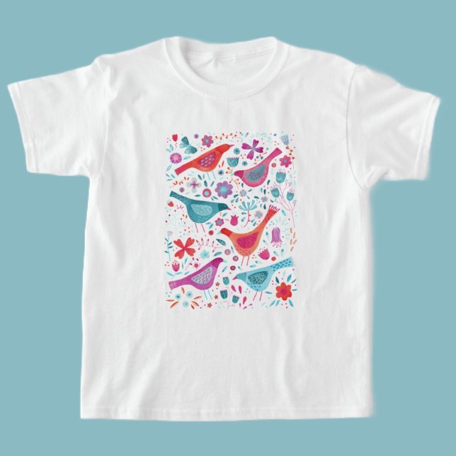Birds and Flowers Watercolor T-Shirt (Watercolor bird art t-shirt)