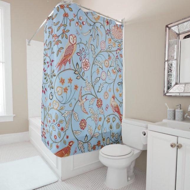 Birds and Flowers, William Morris Shower Curtain (In Situ)