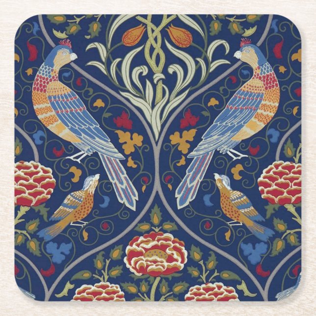 Birds and Flowers, William Morris Square Paper Coaster (Front)
