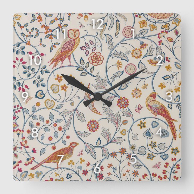 Birds and Flowers, William Morris Square Wall Clock (Front)