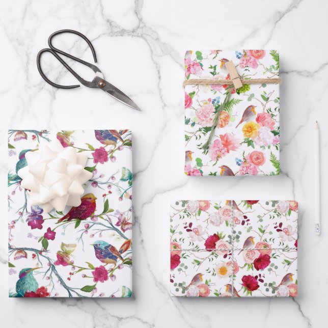 Birds and Flowers Wrapping Paper Sheets (Front)