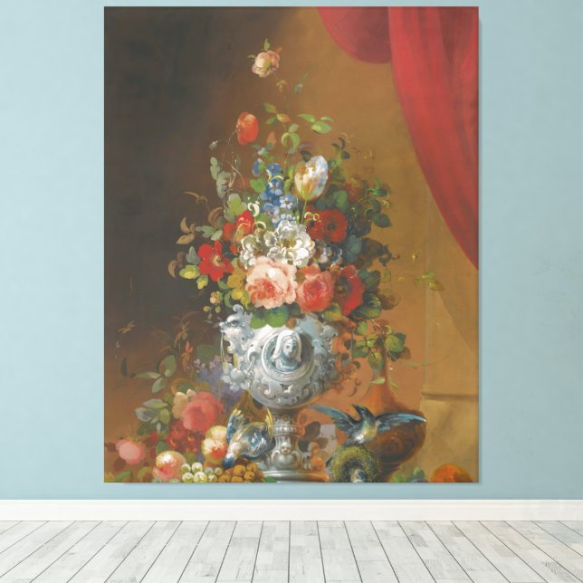 Birds And Fruit On A Ledge Below Canvas Print (Insitu(Wood Floor))